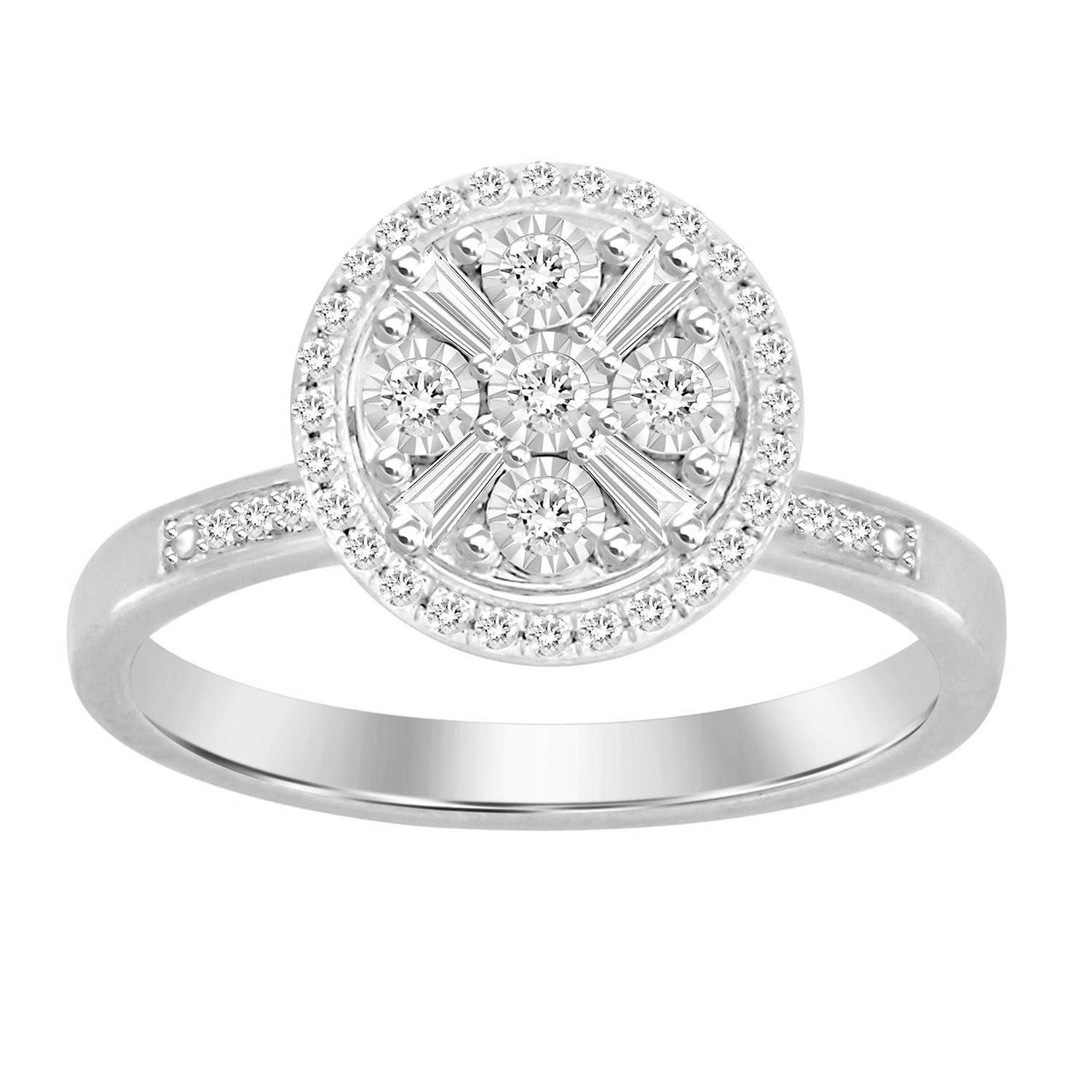 LADIES RING 1/4 CT ROUND/BAGUETTE DIAMOND 10K WHITE GOLD