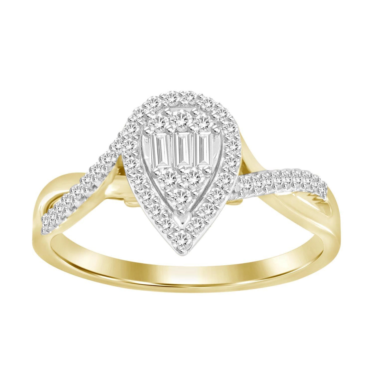 LADIES RING 1/4 CT ROUND/BAGUETTE DIAMOND 10K YELLOW GOLD