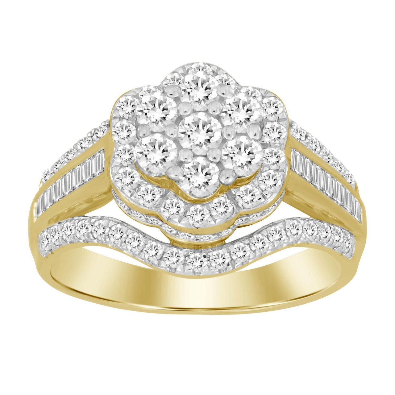 LADIES RING 3 CT ROUND/BAGUETTE DIAMOND 10K YELLOW GOLD
