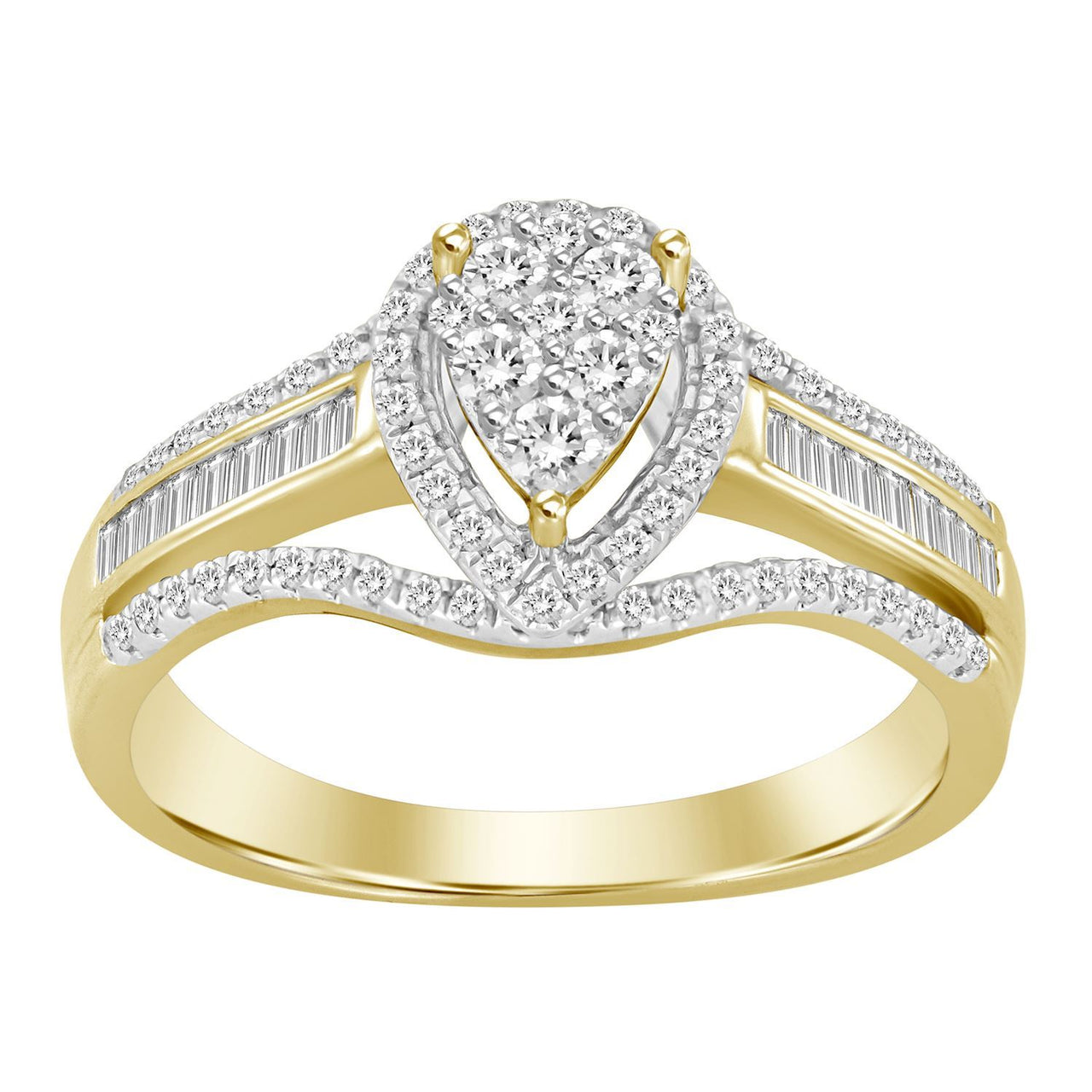 LADIES RING 1/2 CT ROUND/BAGUETTE DIAMOND 10K YELLOW GOLD