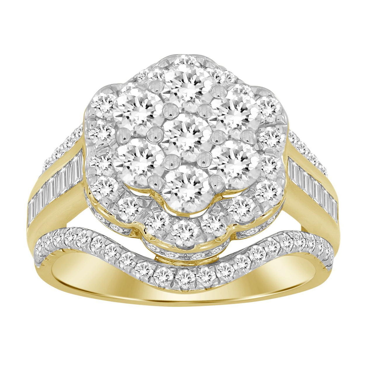 LADIES RING 2 CT ROUND/BAGUETTE DIAMOND 10K YELLOW GOLD