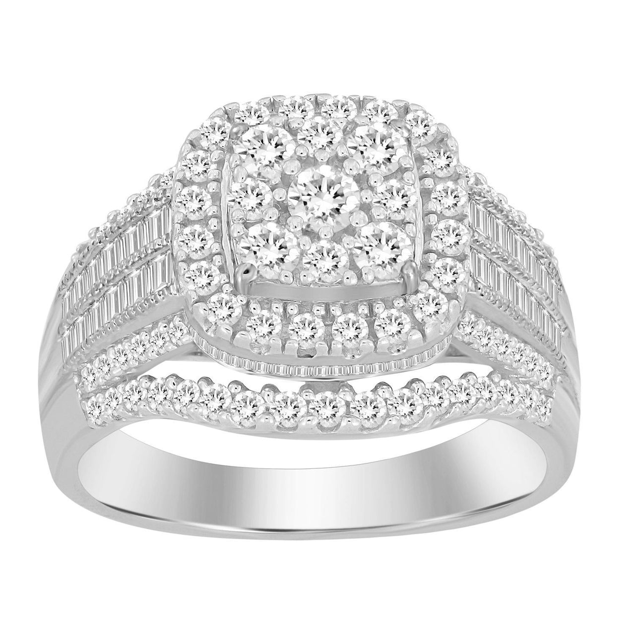 LADIES RING 1 CT ROUND/BAGUETTE DIAMOND 10K WHITE GOLD