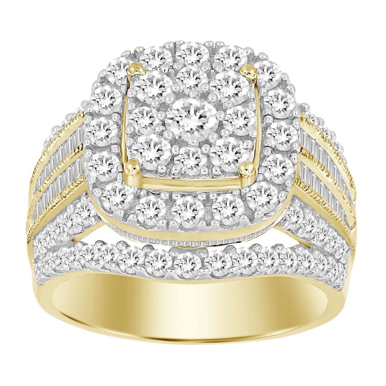 LADIES RING 2 CT ROUND/BAGUETTE DIAMOND 10K YELLOW GOLD