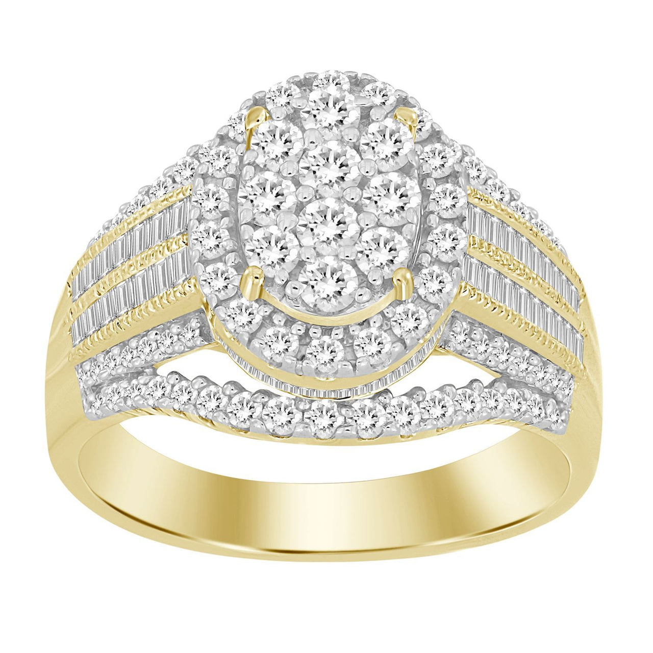 LADIES RING 1 CT ROUND/BAGUETTE DIAMOND 10K YELLOW GOLD