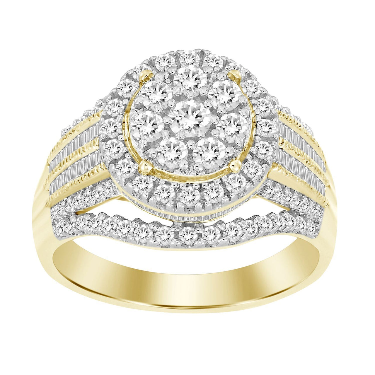 LADIES RING 1 CT ROUND/BAGUETTE DIAMOND 10K YELLOW GOLD