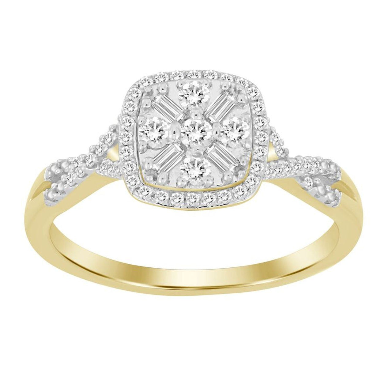 LADIES RING 1/4 CT ROUND/BAGUETTE DIAMOND 10K YELLOW GOLD