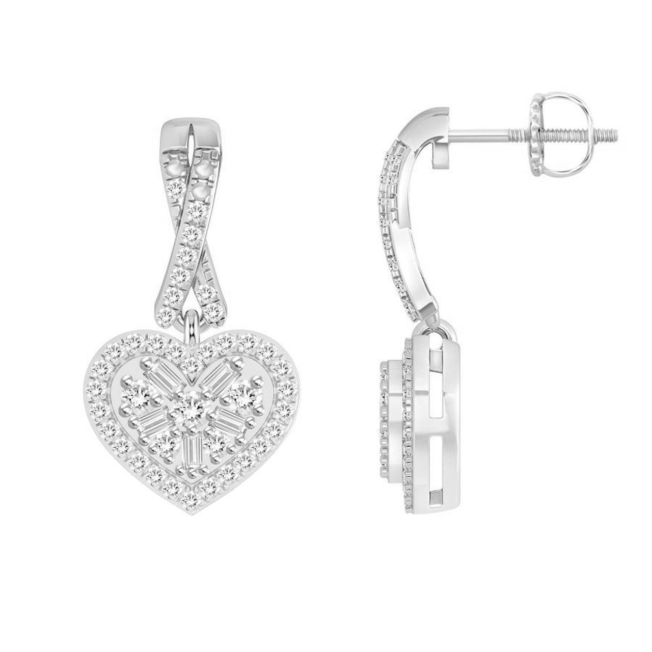 LADIES EARRING 1/3 CT ROUND/BAGUETTE DIAMOND 10K WHITE GOLD