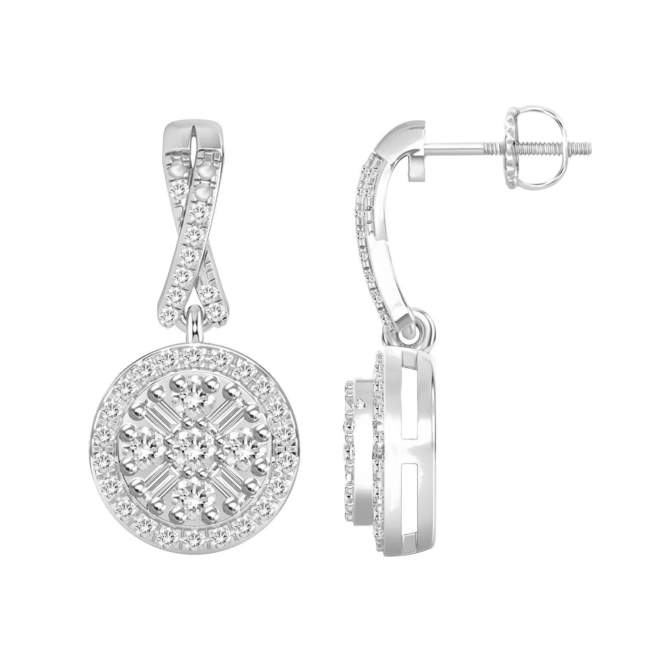 LADIES EARRING 1/3 CT ROUND/BAGUETTE DIAMOND 10K WHITE GOLD