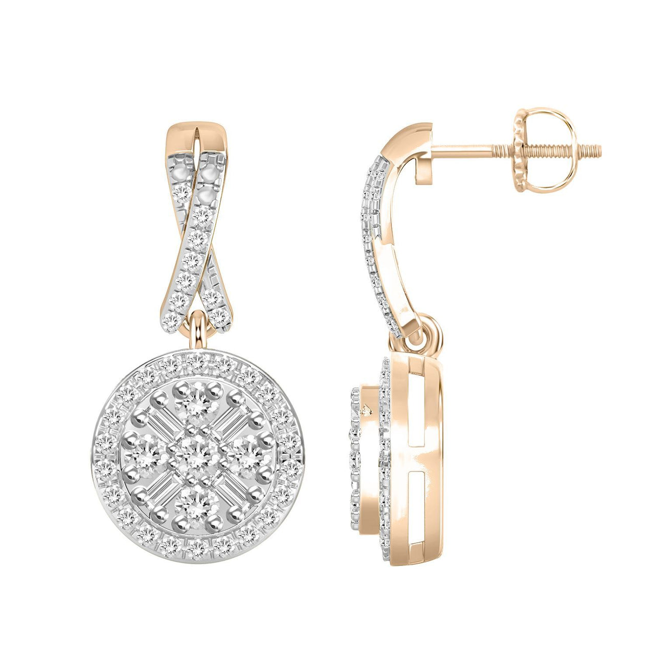 LADIES EARRING 1/3 CT ROUND/BAGUETTE DIAMOND 10K ROSE GOLD