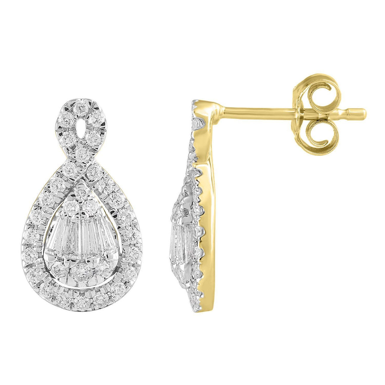 LADIES EARRING 3/4 CT ROUND/BAGUETTE DIAMOND 10K YELLOW GOLD