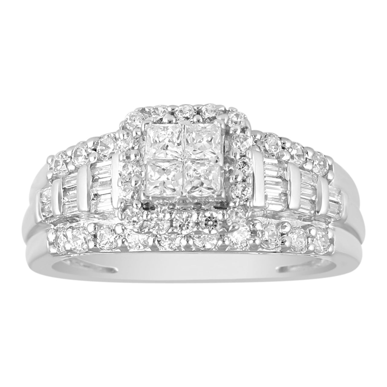 LADIES RING 1 CT ROUND/BAGUETTE/PRINCESS DIAMOND 10K WHITE GOLD