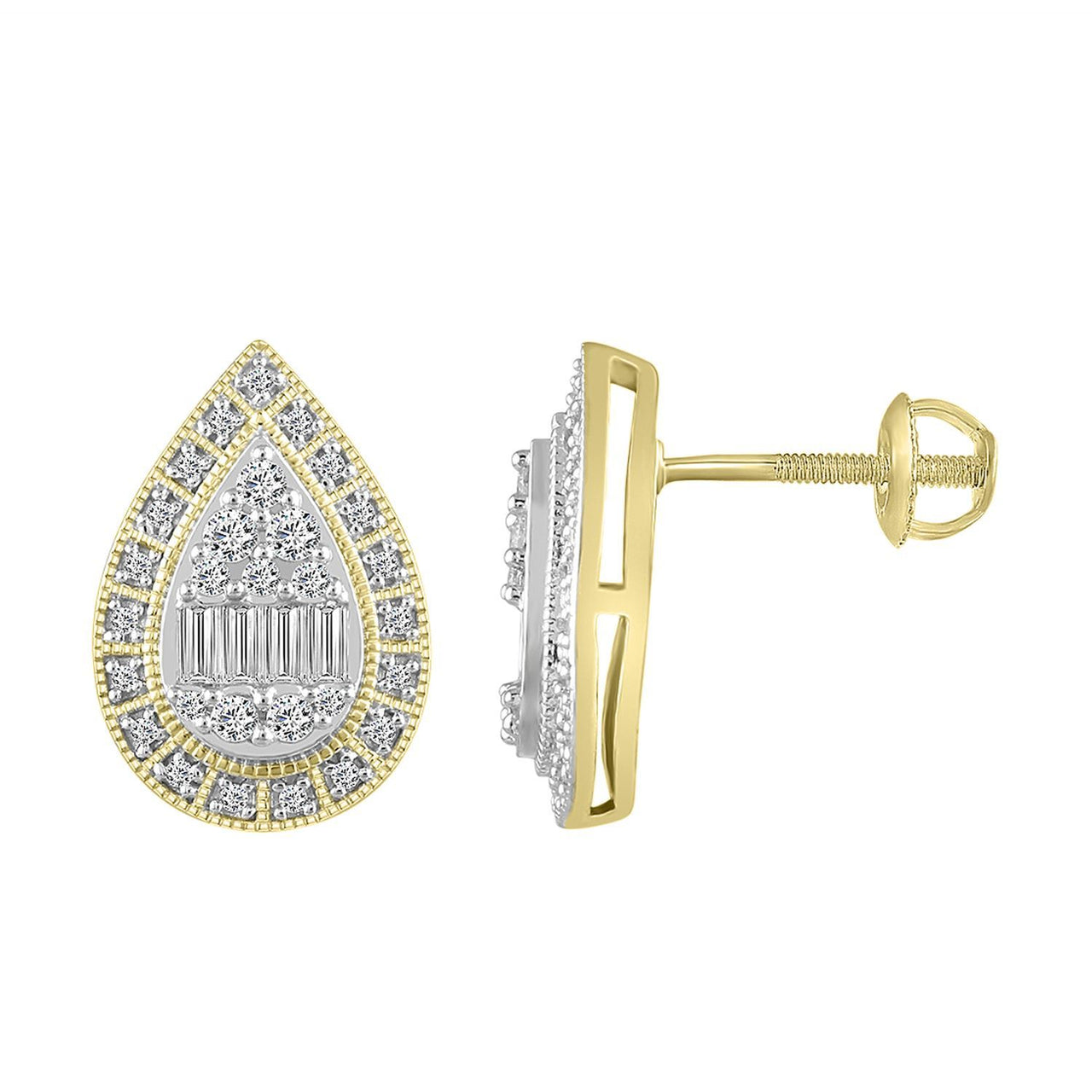 LADIES EARRING 1/2 CT ROUND/BAGUETTE DIAMOND 10K YELLOW GOLD
