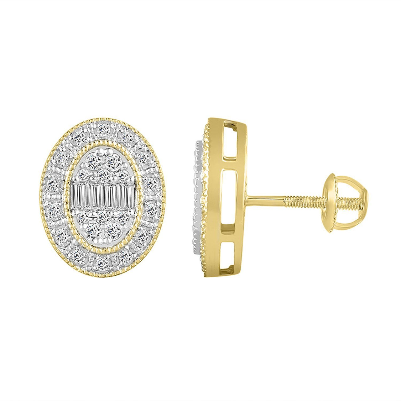 LADIES EARRING 1/2 CT ROUND/BAGUETTE DIAMOND 10K YELLOW GOLD