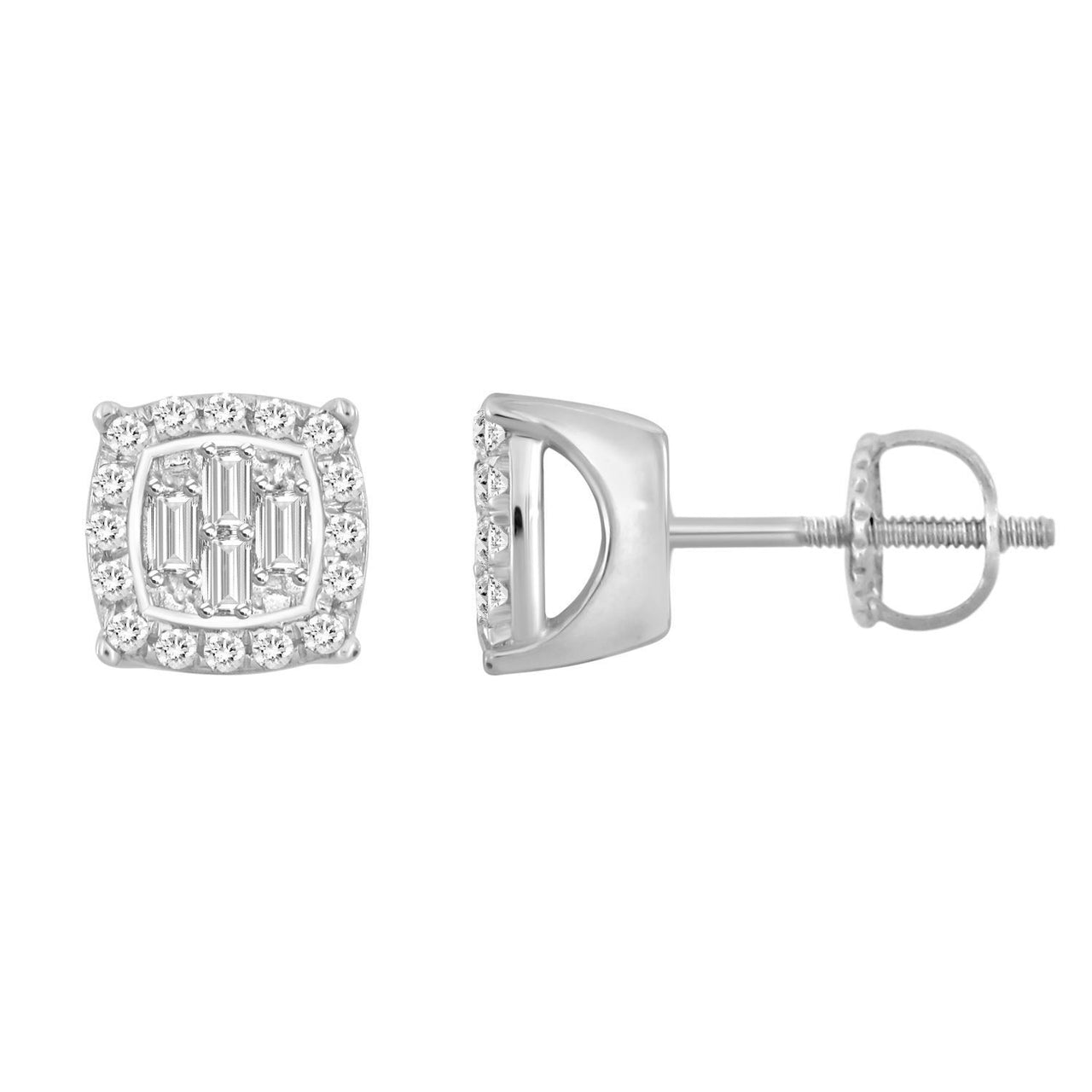 LADIES EARRING 1/6 CT ROUND/BAGUETTE DIAMOND 10K WHITE GOLD
