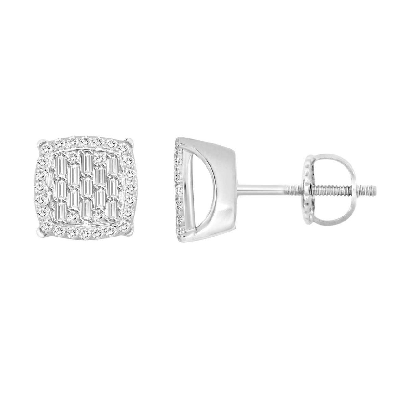 LADIES EARRING 1/3 CT ROUND/BAGUETTE DIAMOND 10K WHITE GOLD