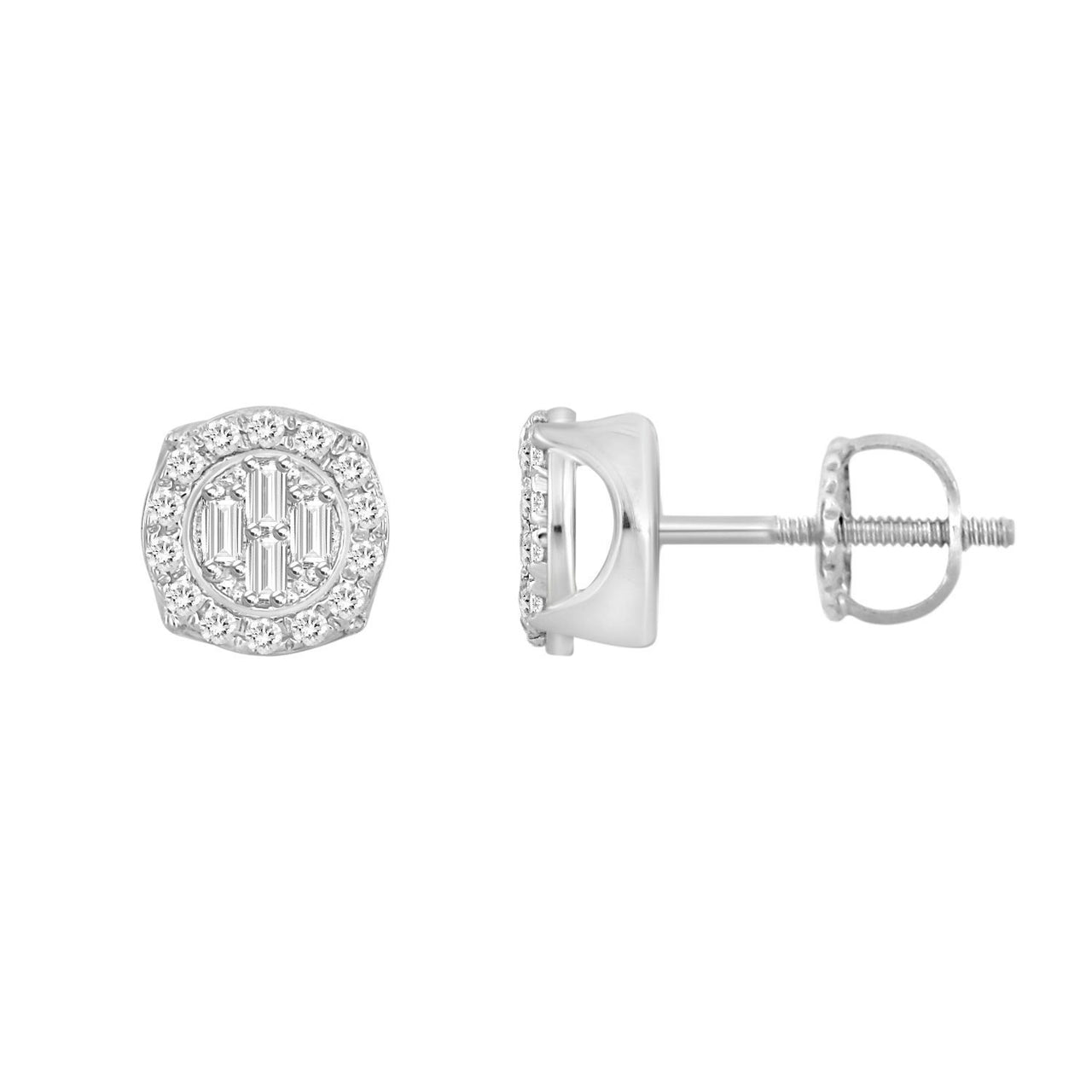 LADIES EARRING 1/6 CT ROUND/BAGUETTE DIAMOND 10K WHITE GOLD
