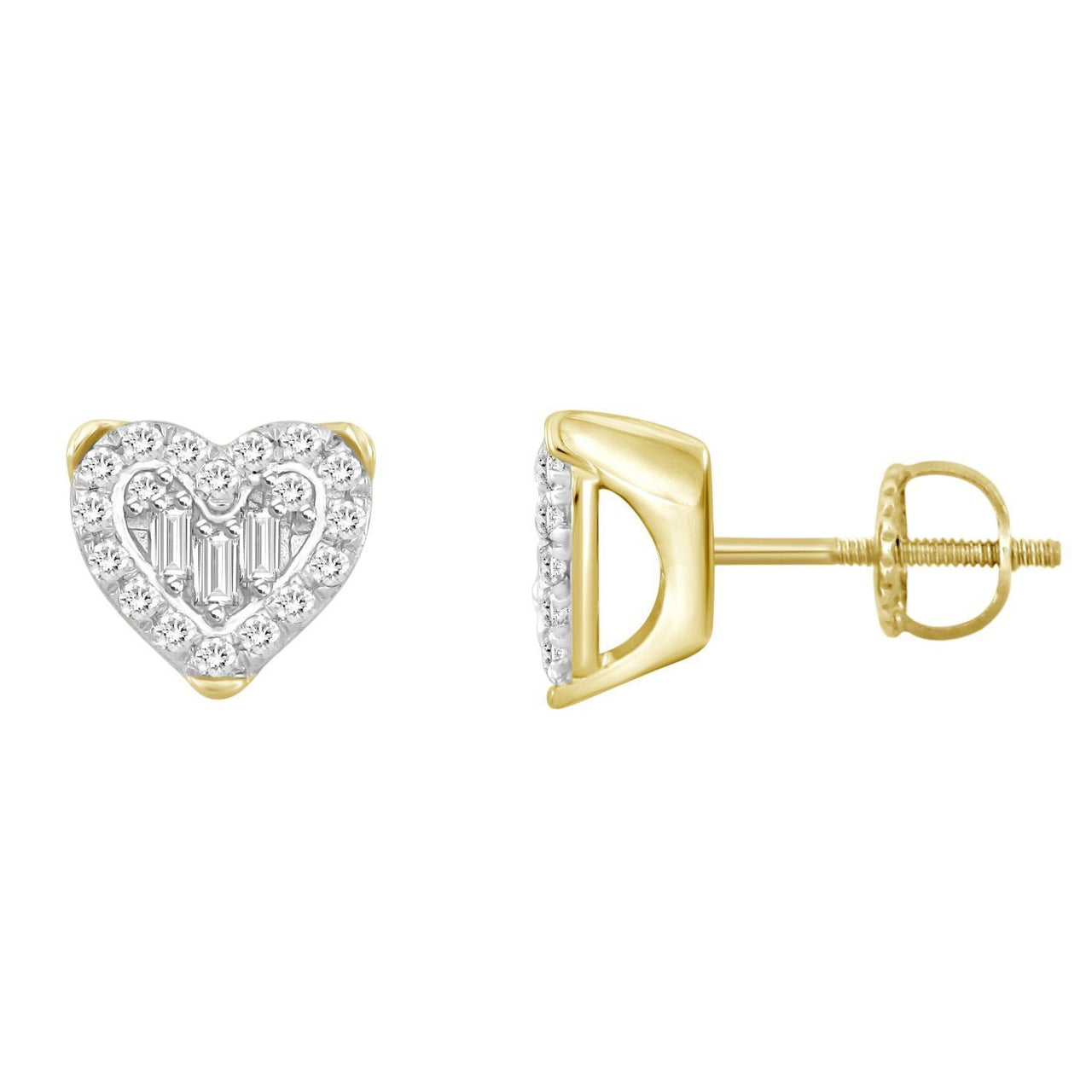 LADIES EARRING 1/6 CT ROUND/BAGUETTE DIAMOND 10K YELLOW GOLD
