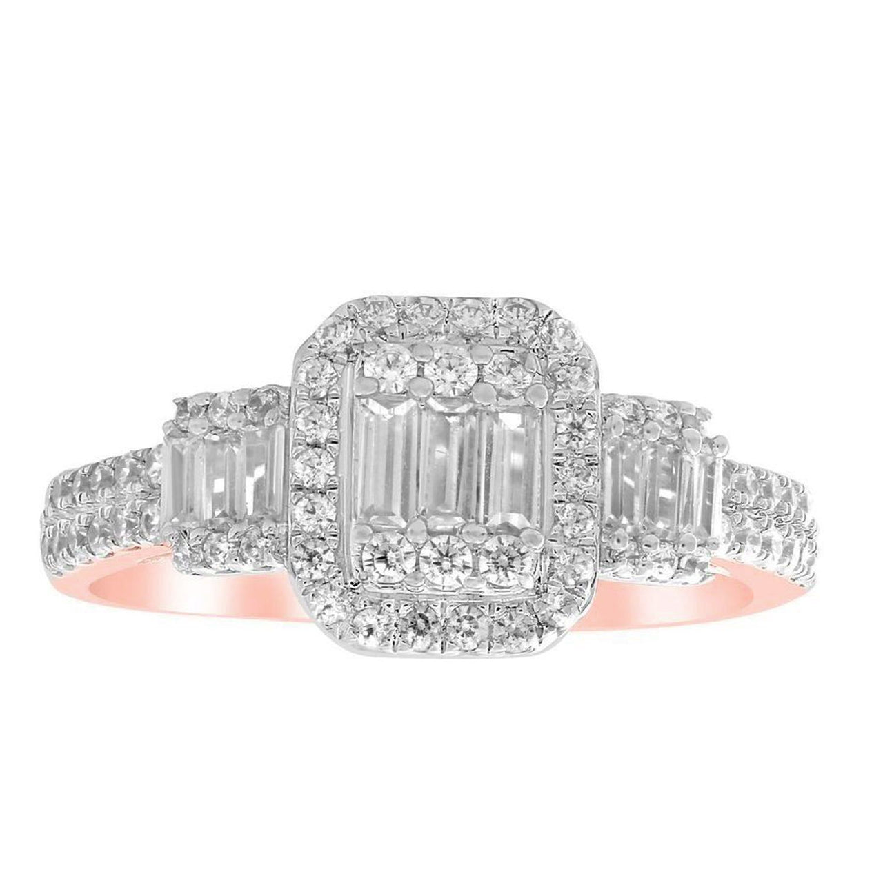 LADIES RING 3/4 CT ROUND/BAGUETTE DIAMOND 14K ROSE GOLD