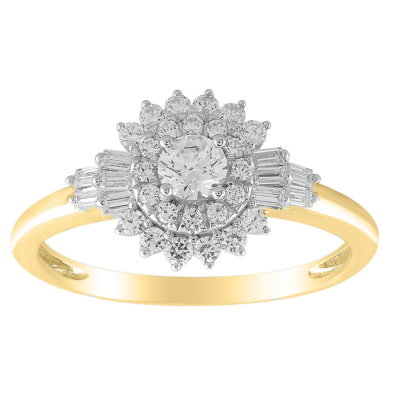 LADIES RING 1/2 CT ROUND/BAGUETTE DIAMOND 10K YELLOW GOLD