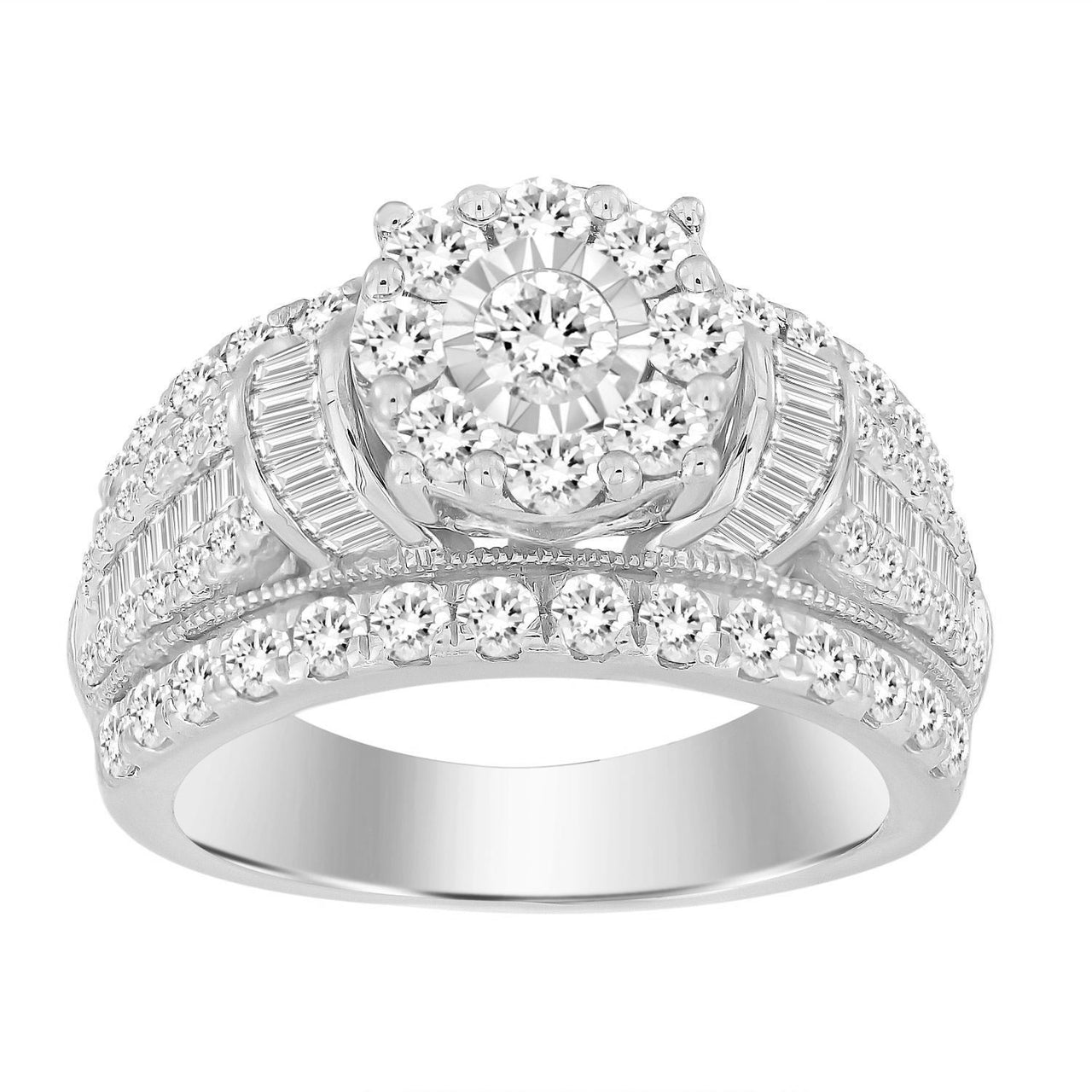 LADIES RING 2 CT ROUND/BAGUETTE DIAMOND 10K WHITE GOLD
