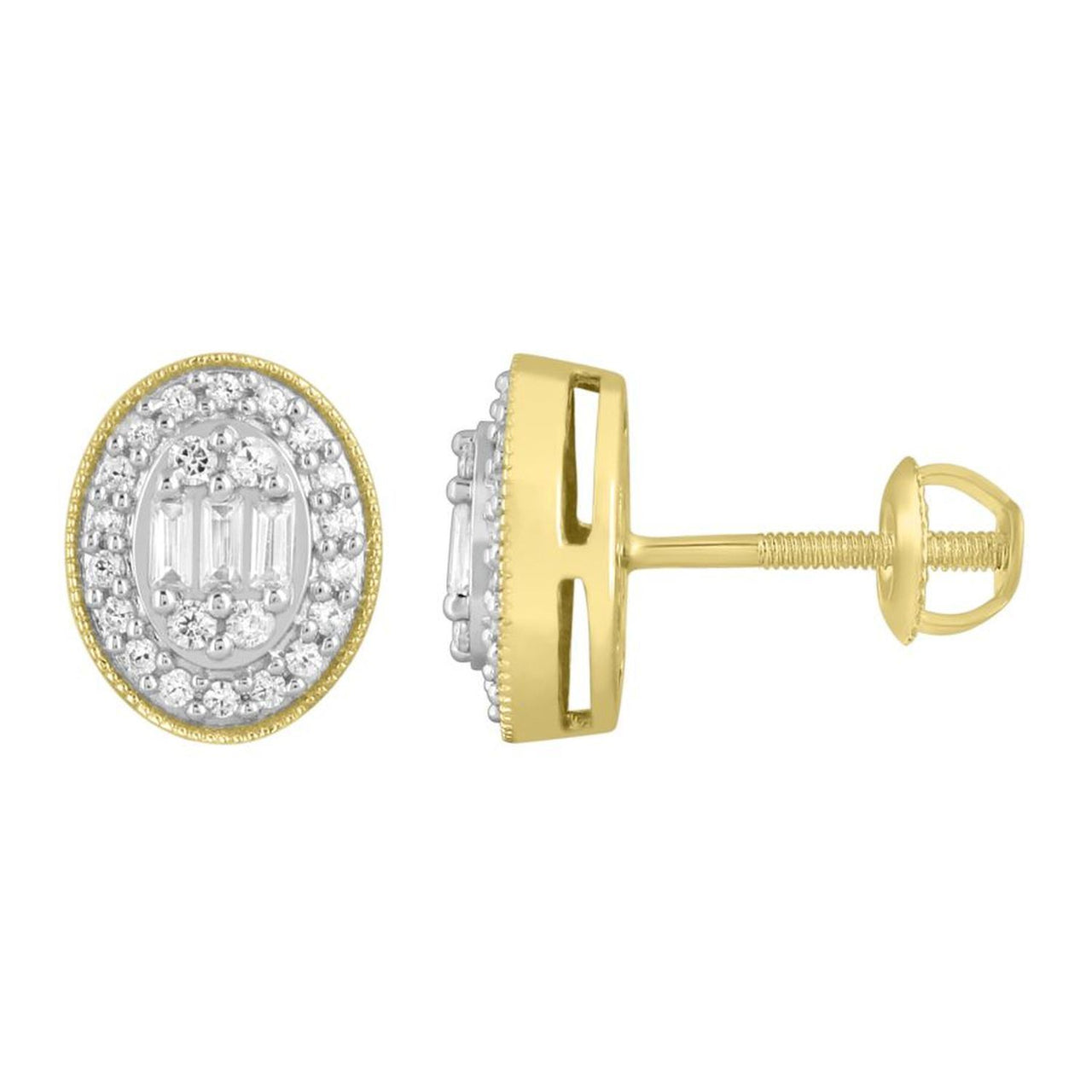 LADIES EARRING 1/3 CT ROUND/BAGUETTE DIAMOND 10K YELLOW GOLD