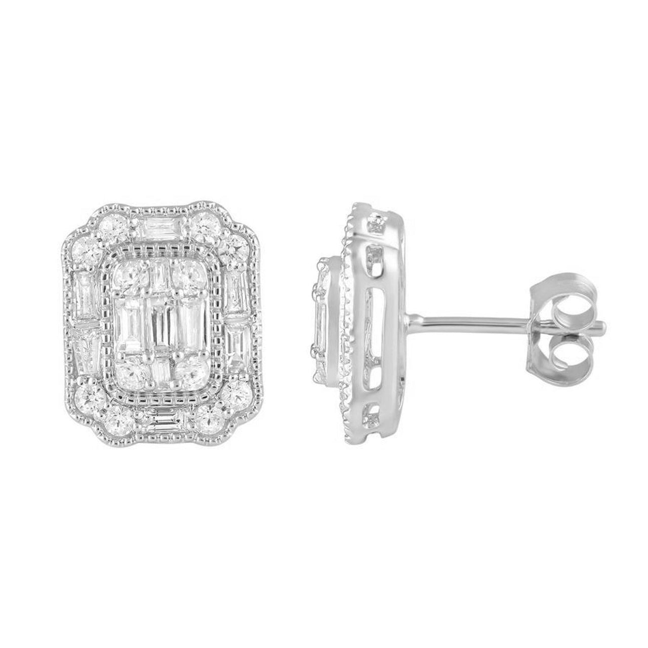 LADIES EARRING 1 CT ROUND/BAGUETTE DIAMOND 14K WHITE GOLD