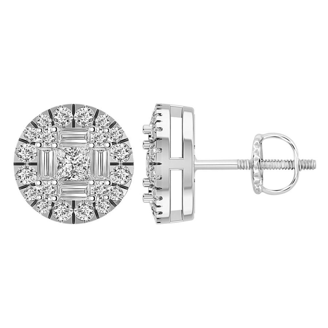 LADIES EARRING 1/2 CT ROUND/BAGUETTE/PRINCESS DIAMOND 10K WHITE GOLD