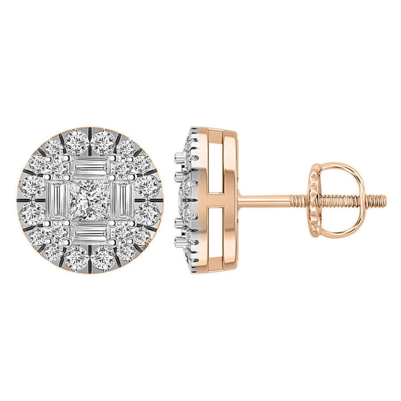 LADIES EARRING 1/2 CT ROUND/BAGUETTE/PRINCESS DIAMOND 10K ROSE GOLD