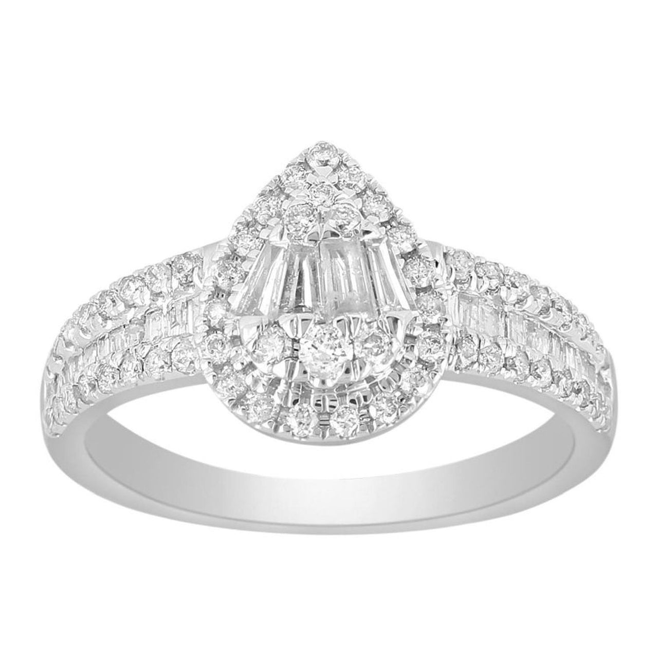 LADIES RING 3/4 CT ROUND/BAGUETTE DIAMOND 10K WHITE GOLD