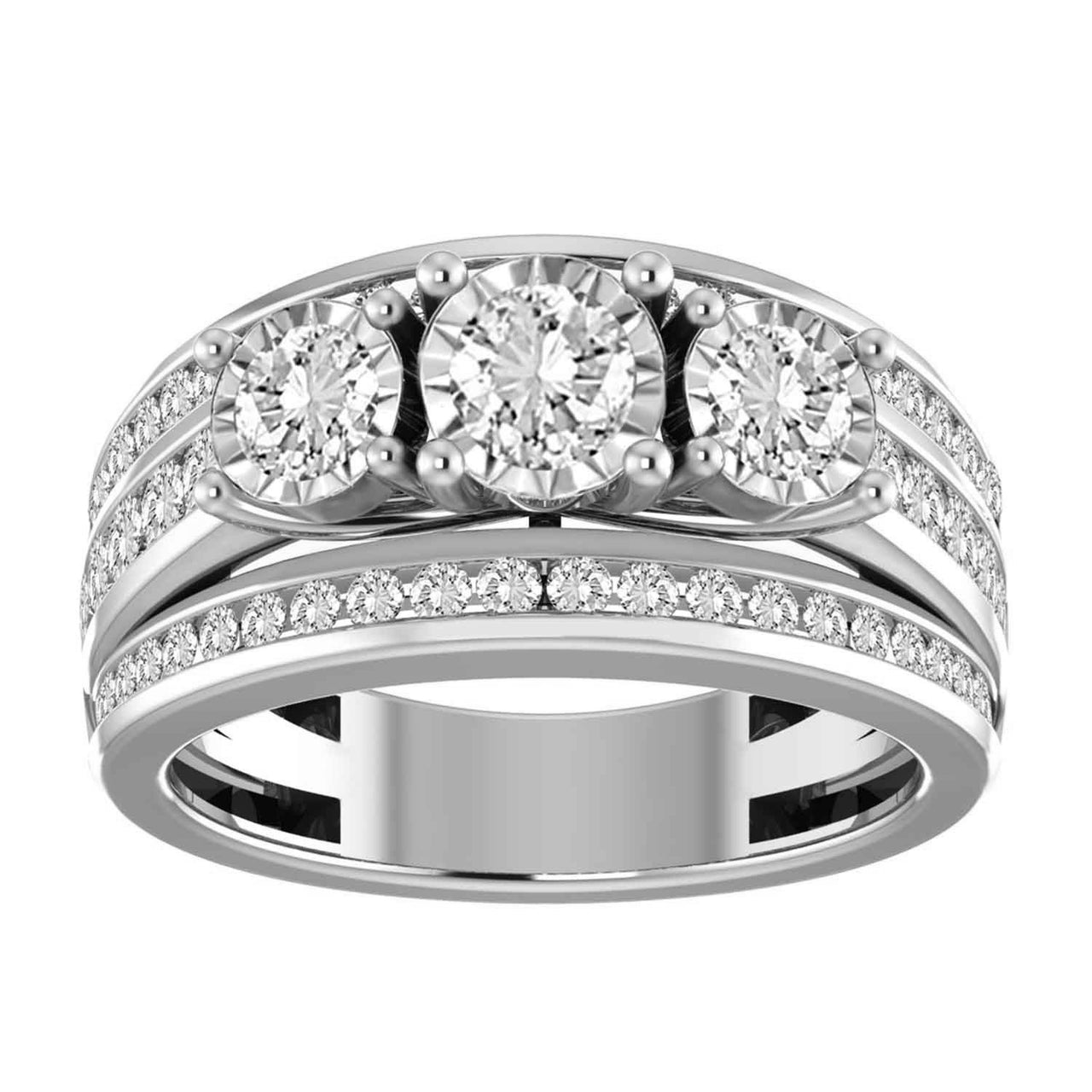 LADIES 3-STONE RING 1 1/2 CT ROUND DIAMOND 14K WHITE GOLD