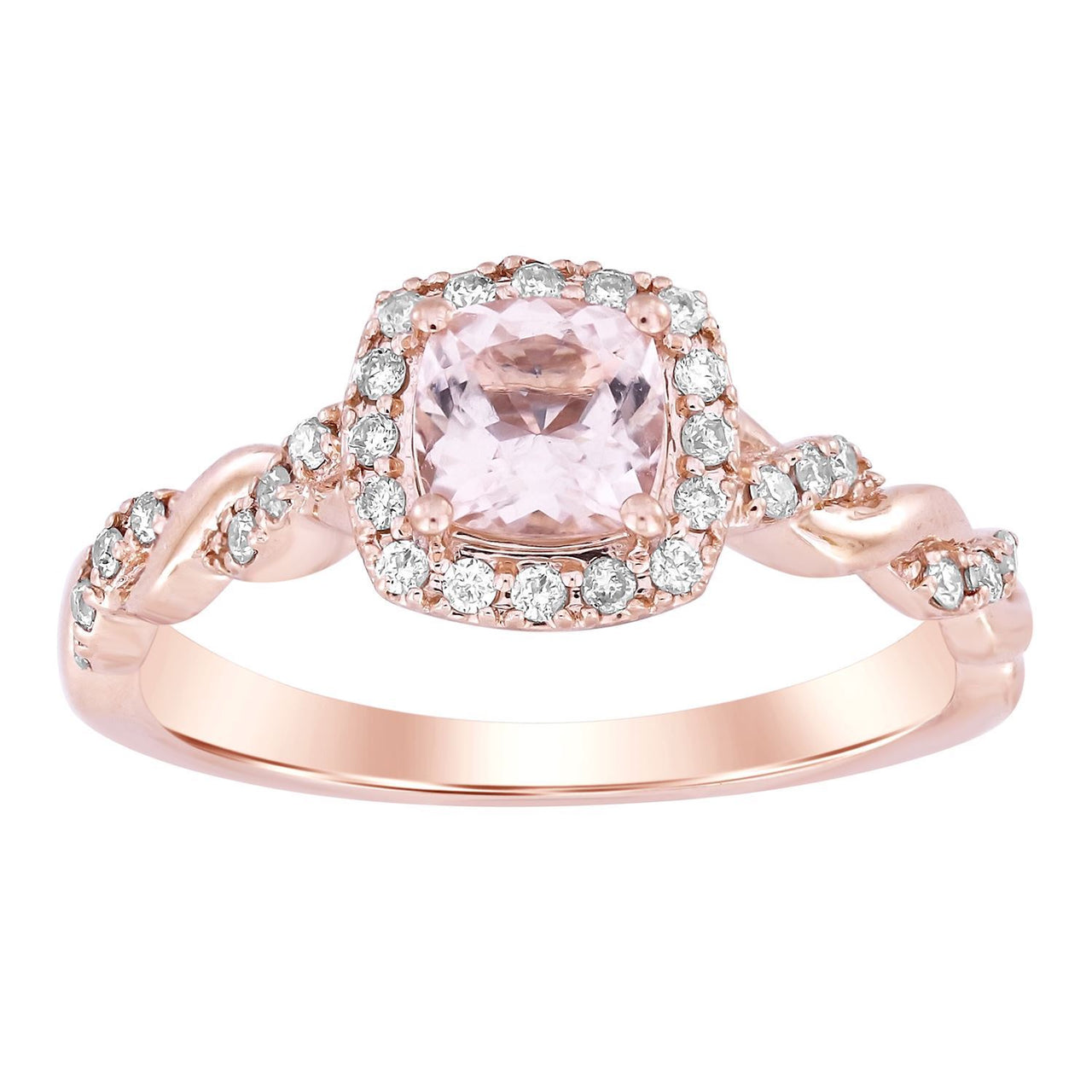 LADIES RING 1/5 CT ROUND/ROUND/CUSHION/PEACH MORGANITE DIAMOND 10K ROSE GOLD(CENTER-1 / SEMI MOUNT)