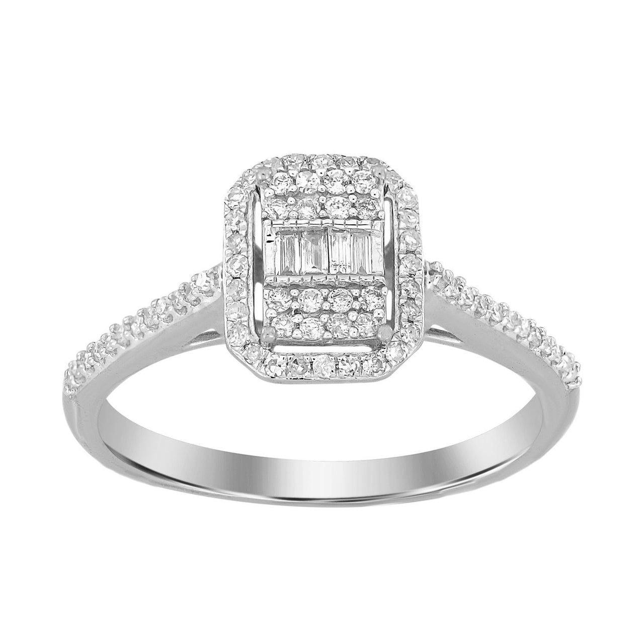 LADIES RING 1/4 CT ROUND/BAGUETTE DIAMOND 10K WHITE GOLD