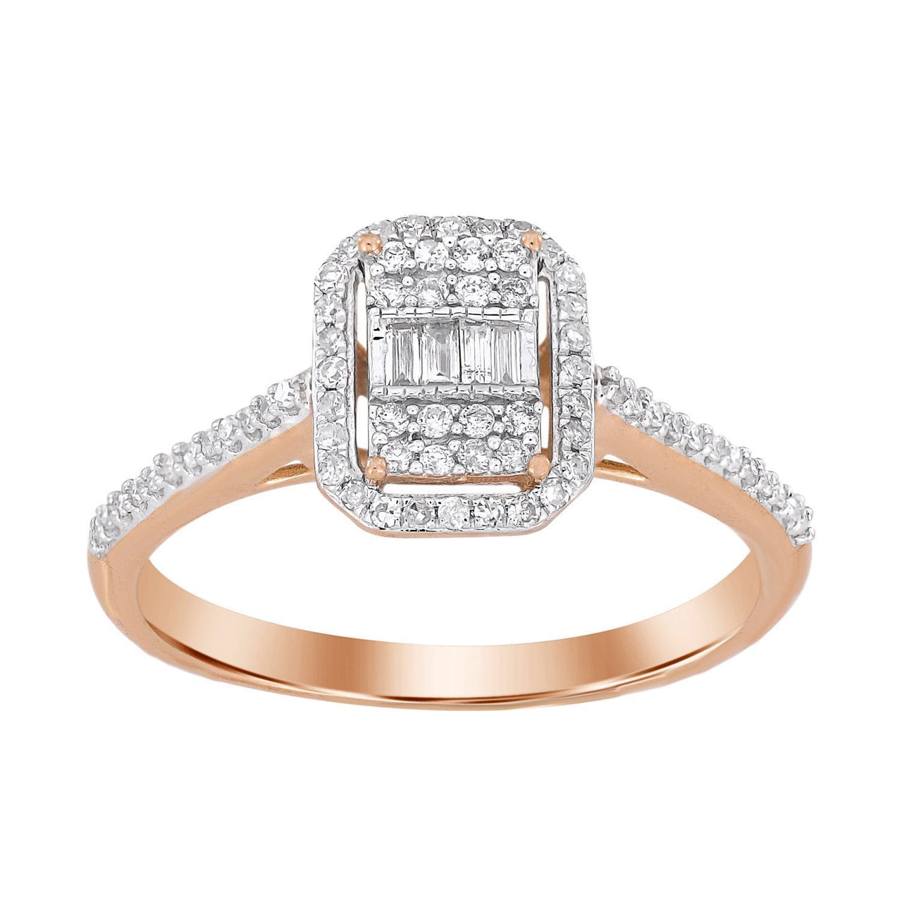 LADIES RING 1/4 CT ROUND/BAGUETTE DIAMOND 10K ROSE GOLD
