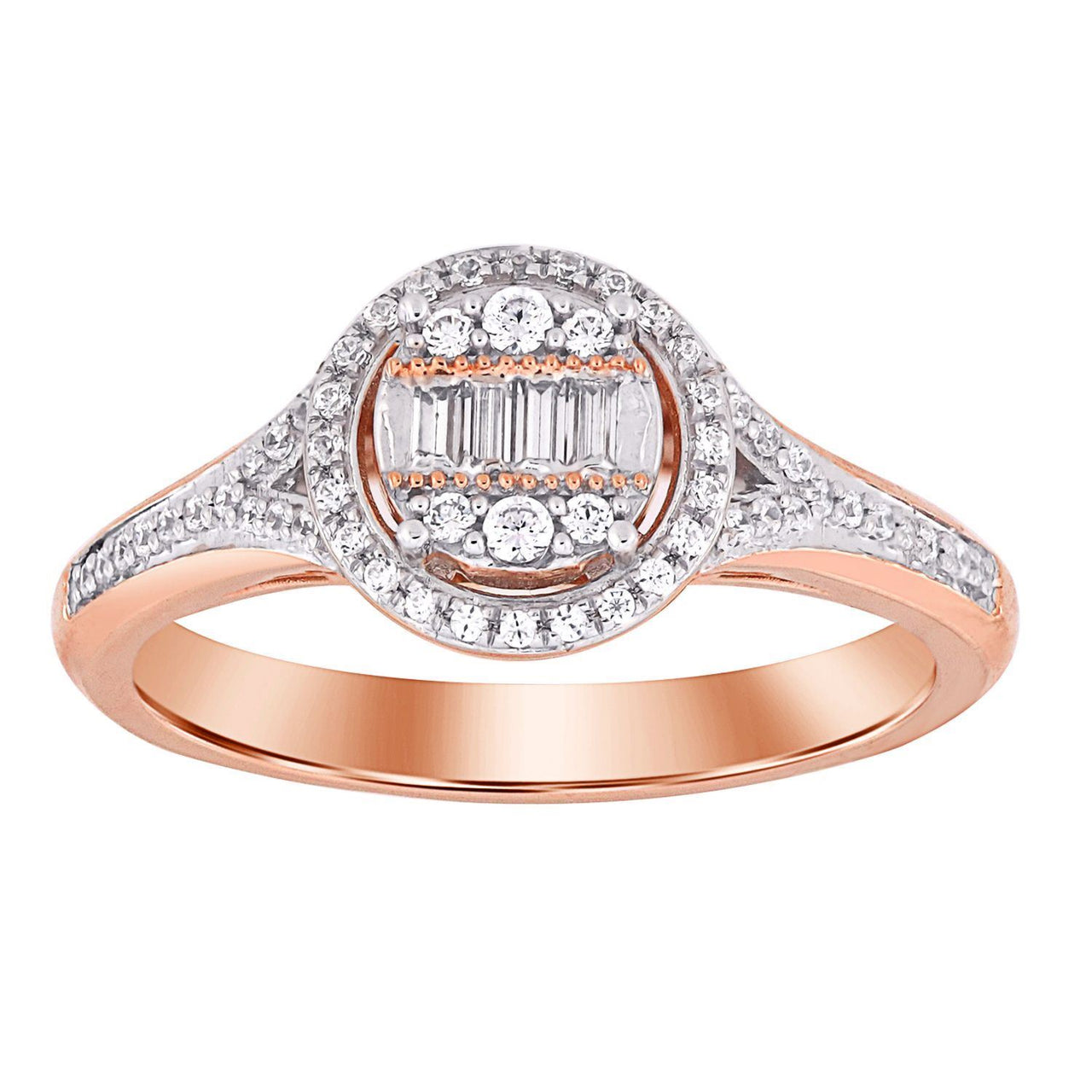 LADIES RING 1/4 CT ROUND/BAGUETTE DIAMOND 10K ROSE GOLD