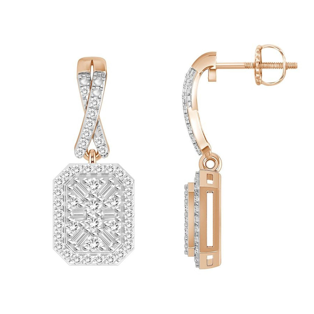 LADIES EARRING 1/3 CT ROUND/BAGUETTE DIAMOND 10K ROSE GOLD