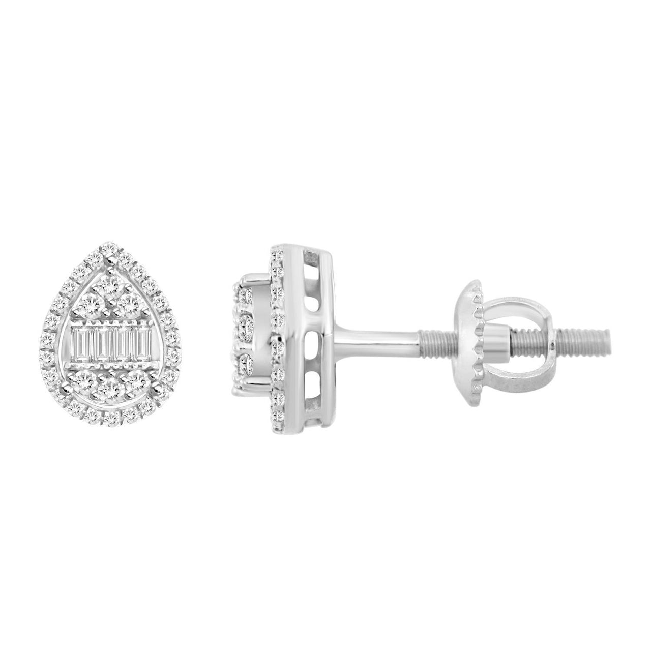 LADIES EARRING 1/4 CT ROUND/BAGUETTE DIAMOND 10K WHITE GOLD