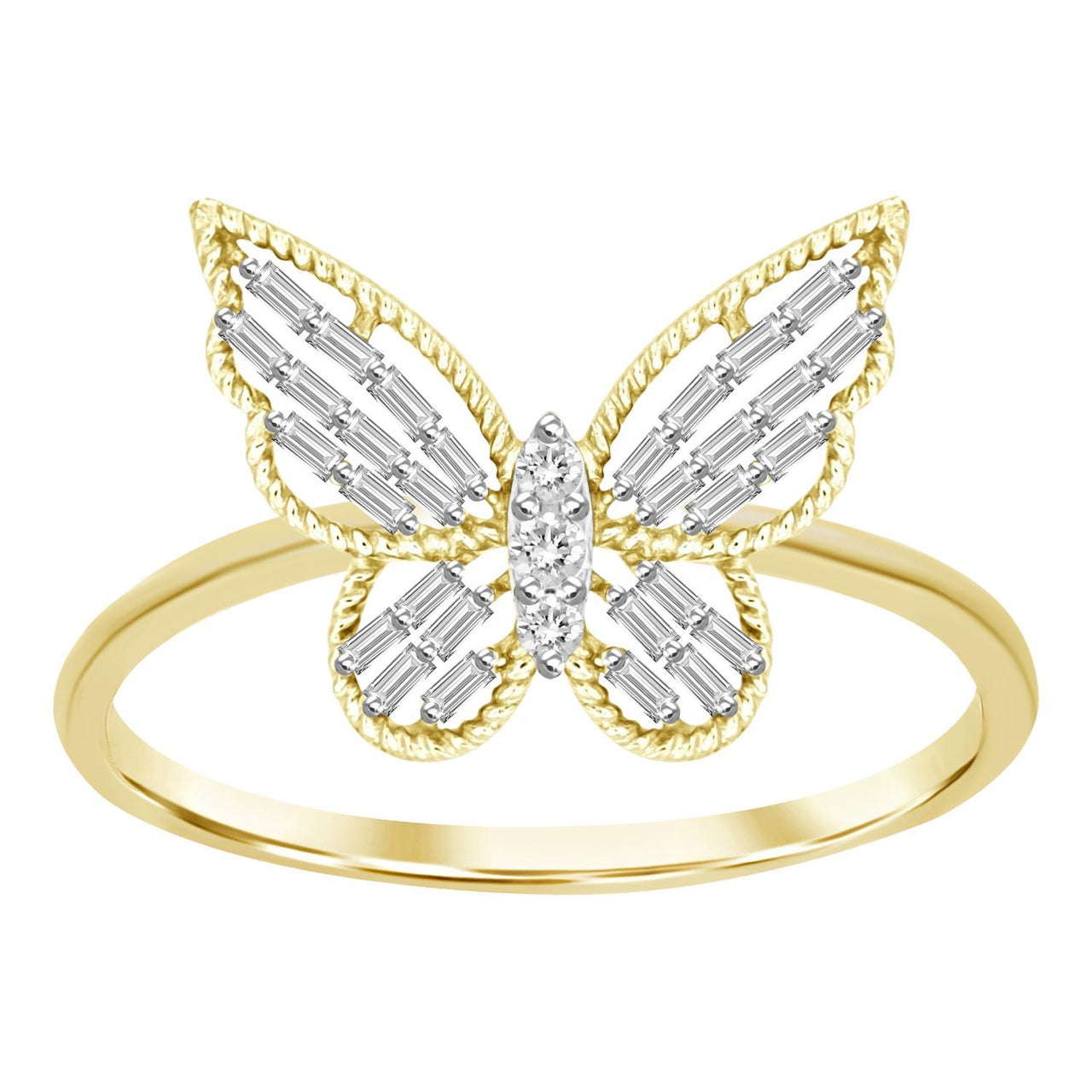 LADIES RING 1/4 CT ROUND/BAGUETTE DIAMOND 10K YELLOW GOLD