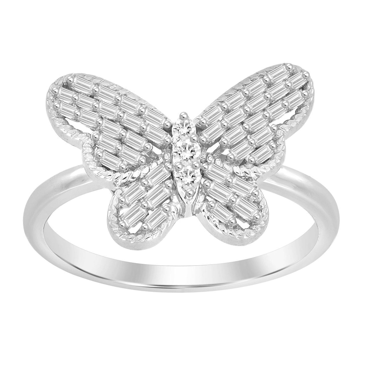 LADIES RING 1/4 CT ROUND/BAGUETTE DIAMOND 10K WHITE GOLD
