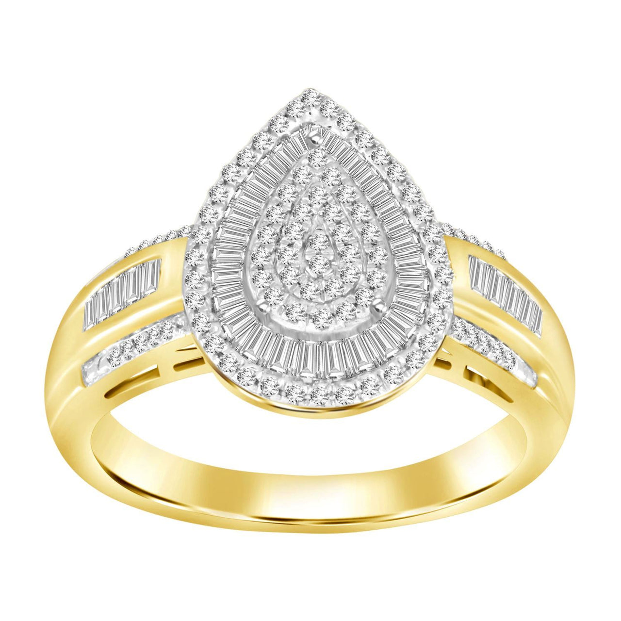 LADIES RING 1/2 CT ROUND/BAGUETTE DIAMOND 10K YELLOW GOLD