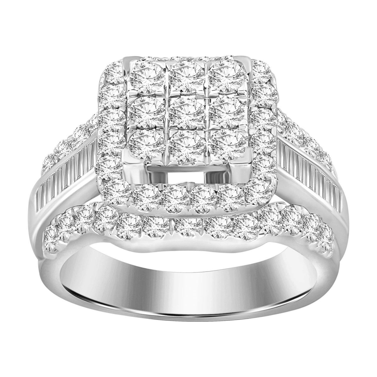 LADIES RING 2 CT ROUND/BAGUETTE DIAMOND 10K WHITE GOLD