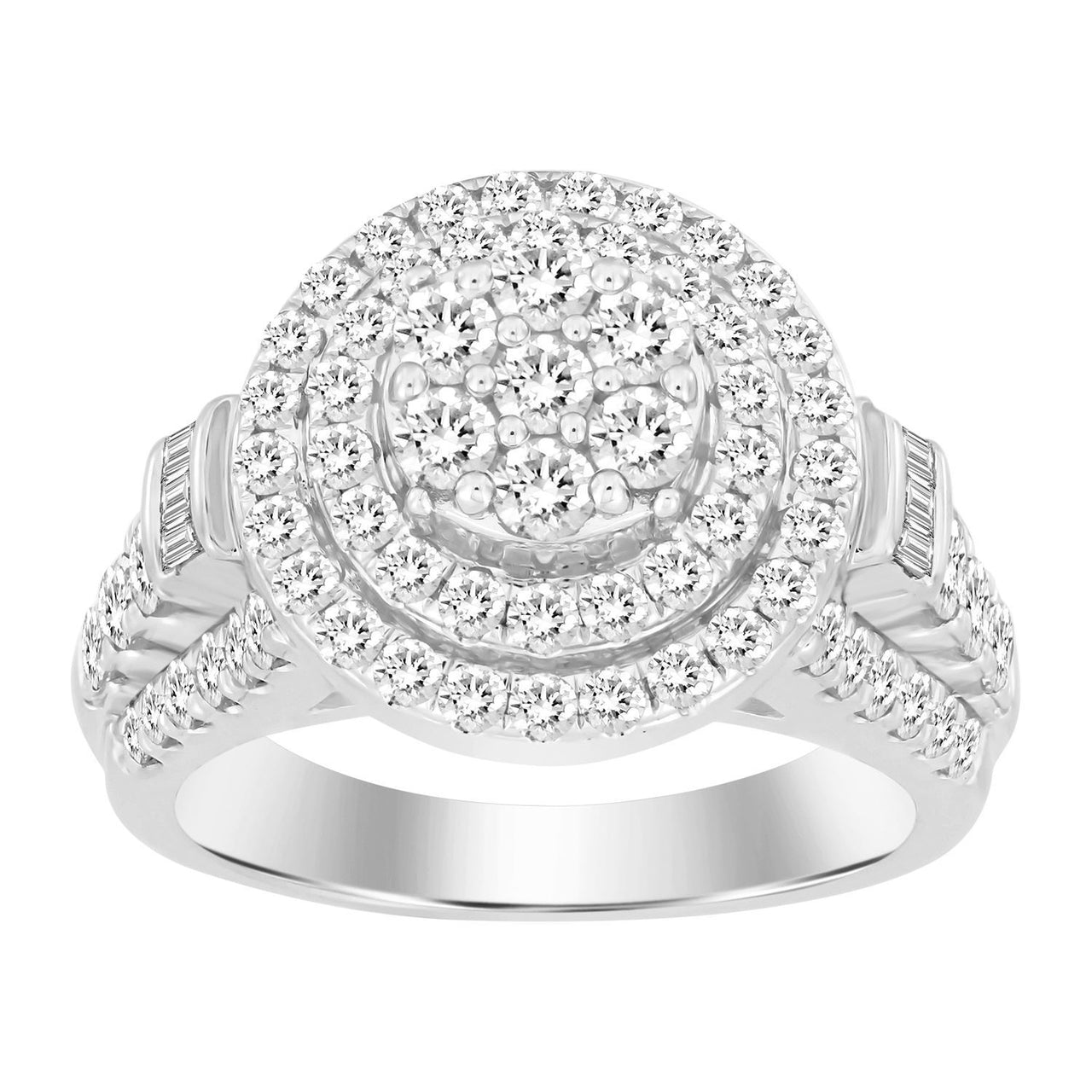LADIES RING 2 CT ROUND /BAGUETTE DIAMOND 10K WHITE GOLD