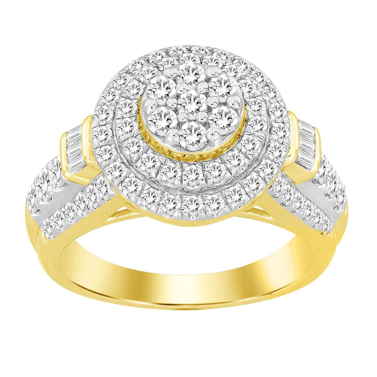 LADIES RING 1 1/2 CT ROUND /BAGUETTE DIAMOND 10K YELLOW GOLD