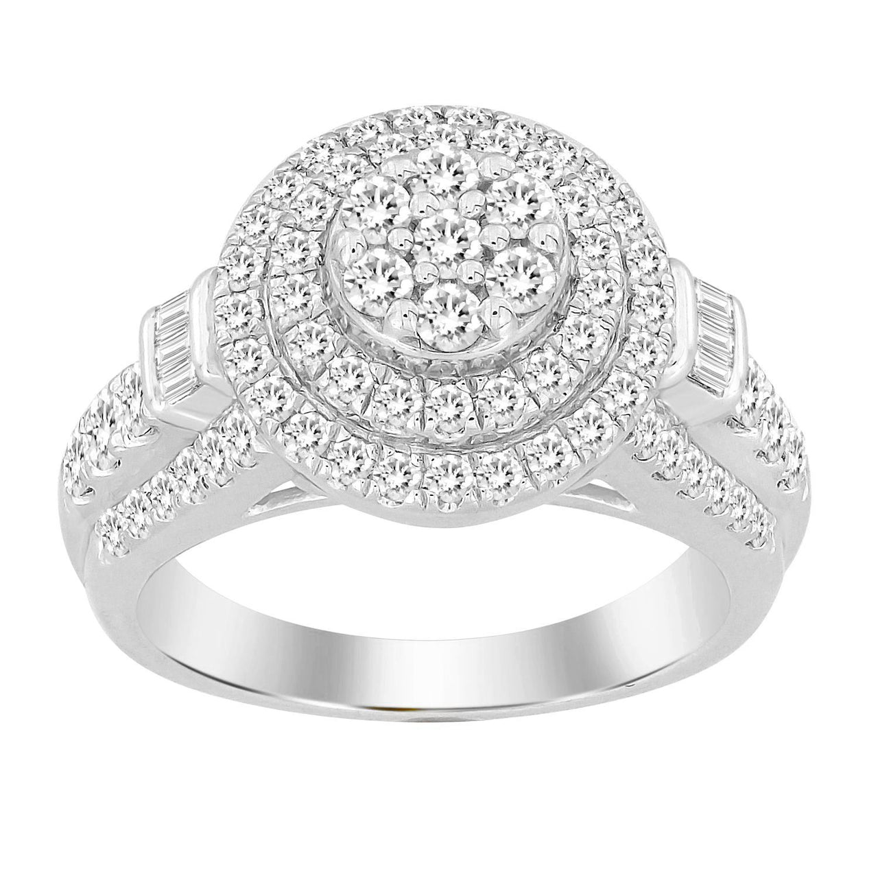 LADIES RING 1 1/2 CT ROUND /BAGUETTE DIAMOND 10K WHITE GOLD