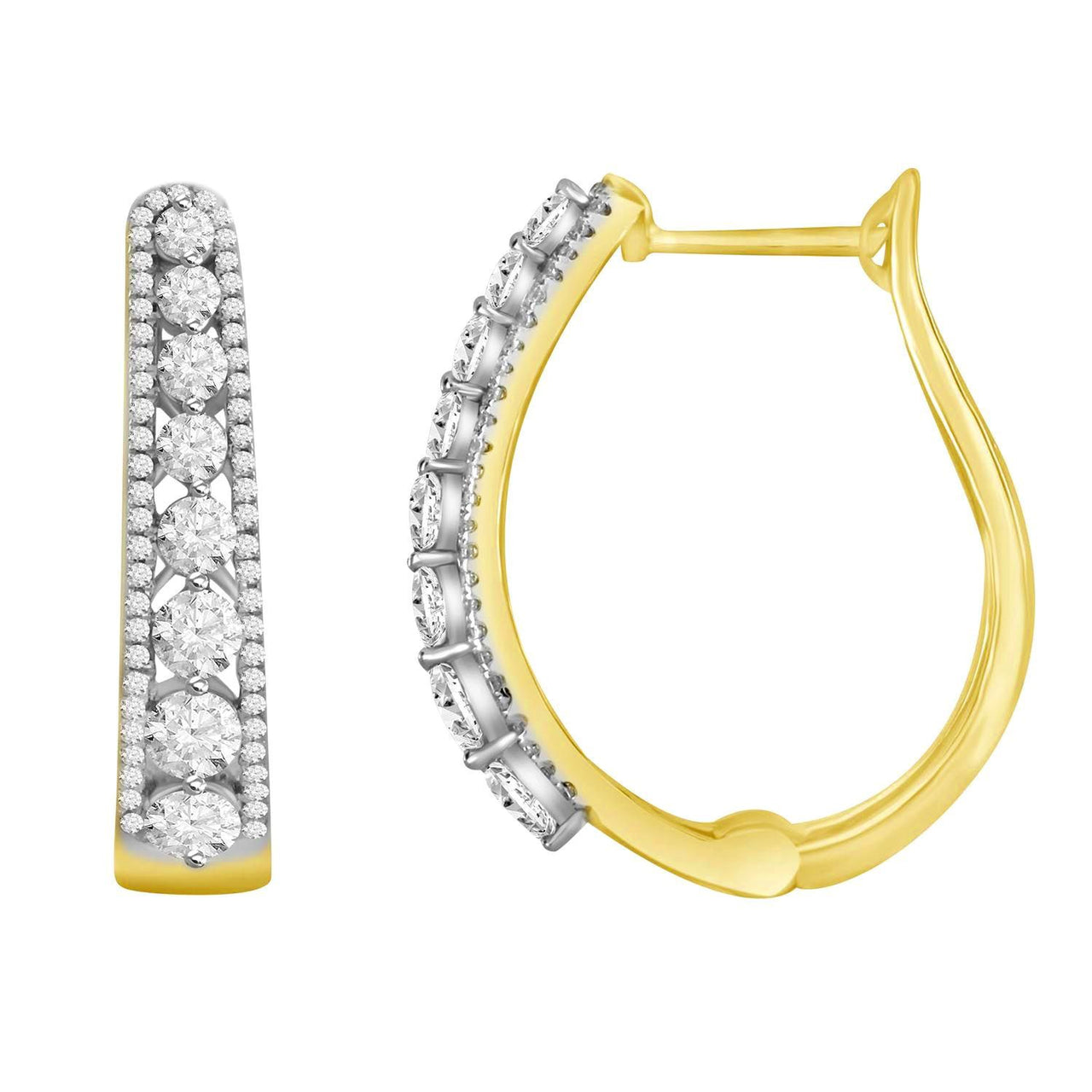 LADIES HOOPS EARRING 1 1/2 CT ROUND DIAMOND 10K YELLOW GOLD