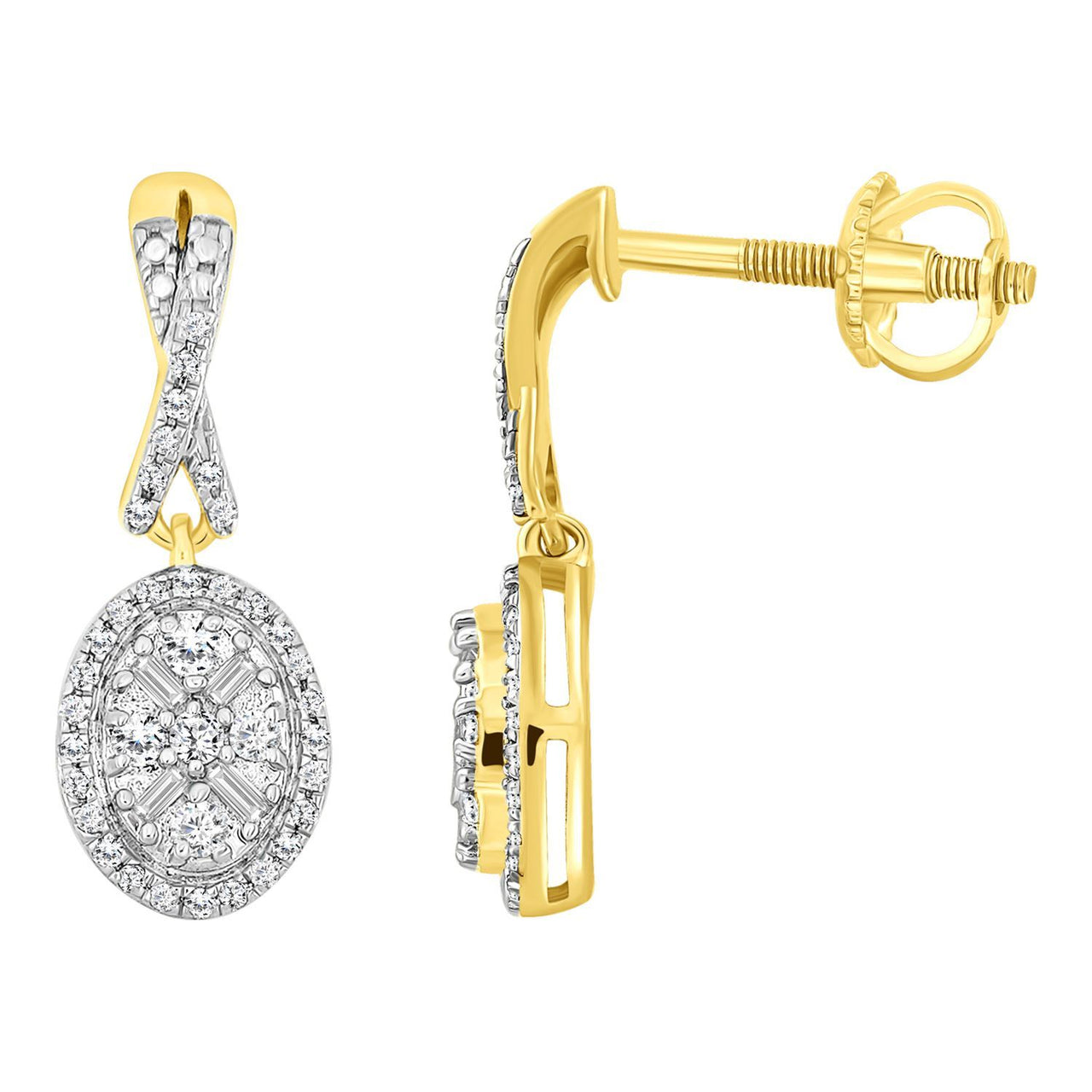 LADIES EARRING 1/3 CT ROUND/BAGUETTE  DIAMOND 10K YELLOW GOLD