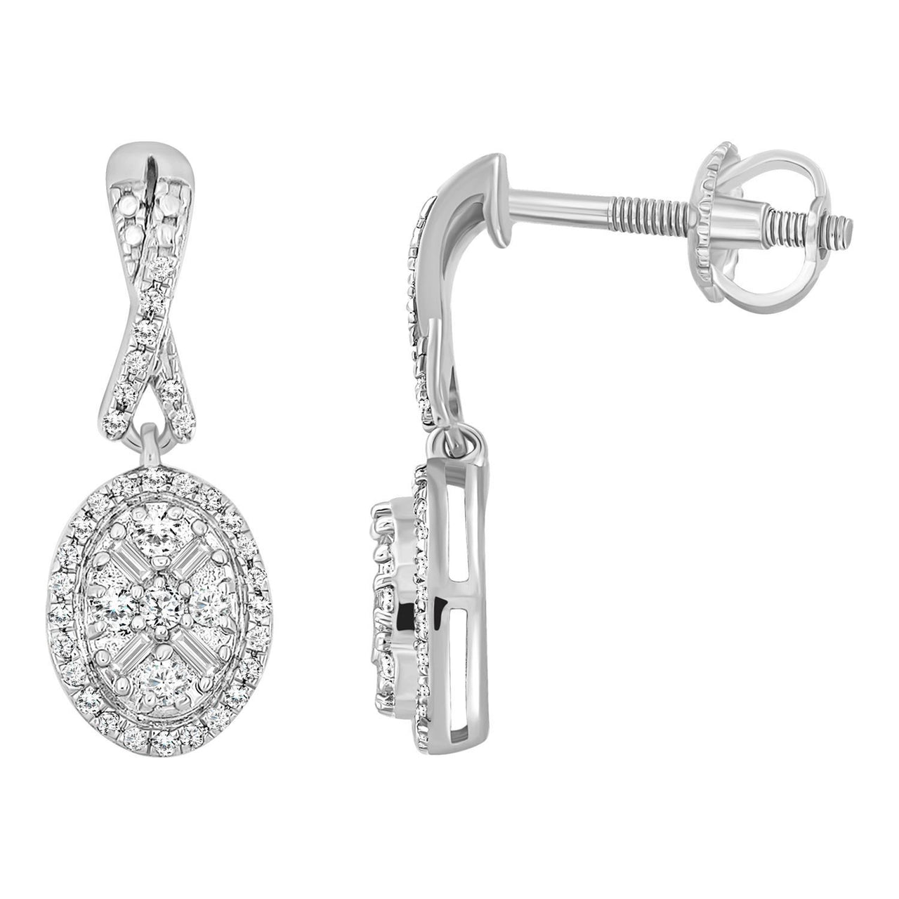 LADIES EARRING 1/3 CT ROUND/BAGUETTE  DIAMOND 10K WHITE GOLD
