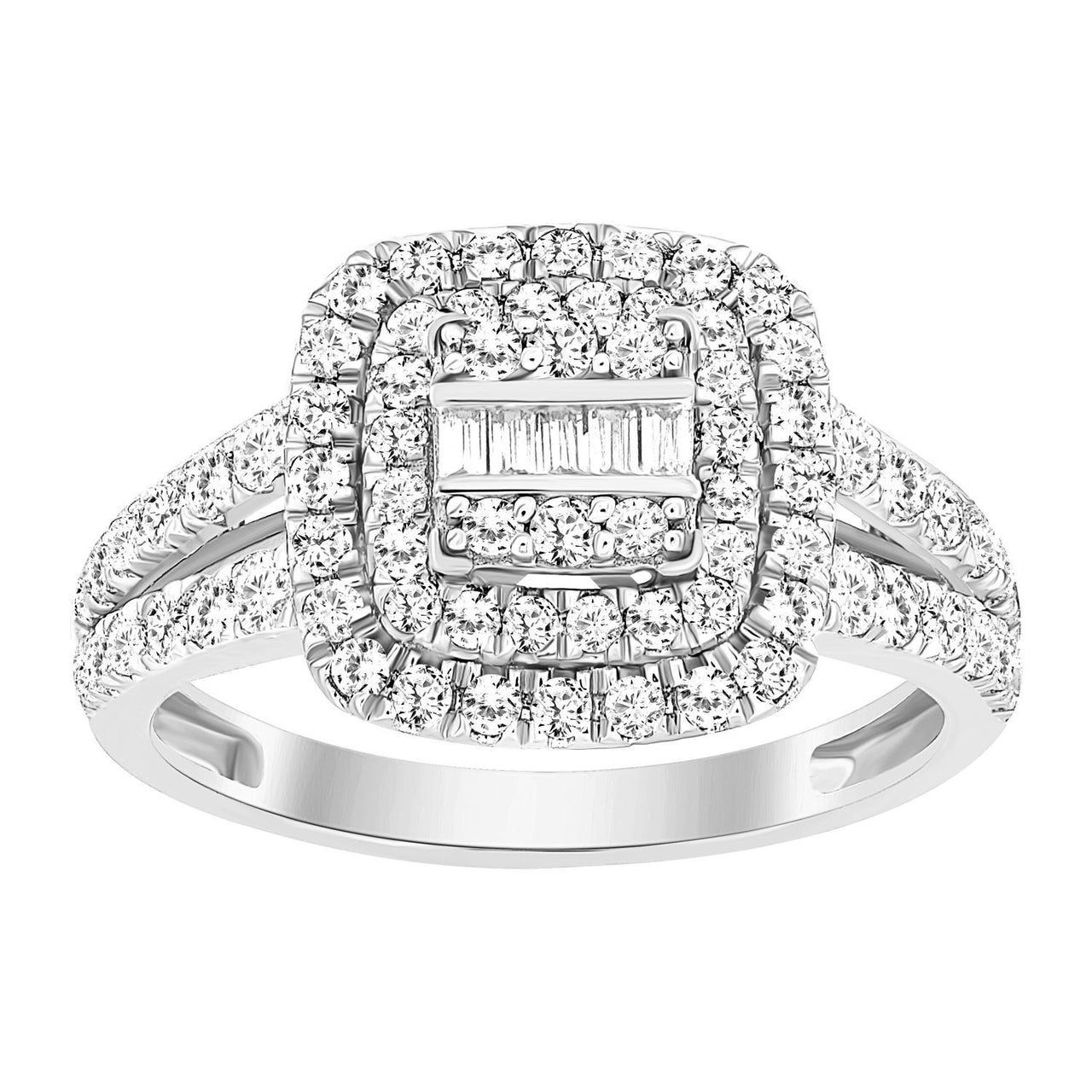 LADIES RING 3/4 CT ROUND/BAGUETTE DIAMOND 10K WHITE GOLD