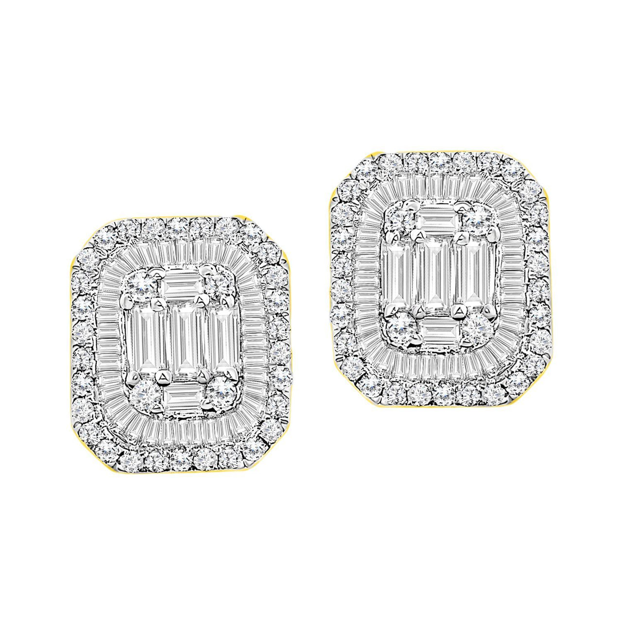 LADIES EARRINGS 7/8 CT ROUND/BAGUETTE DIAMOND 14K YELLOW GOLD