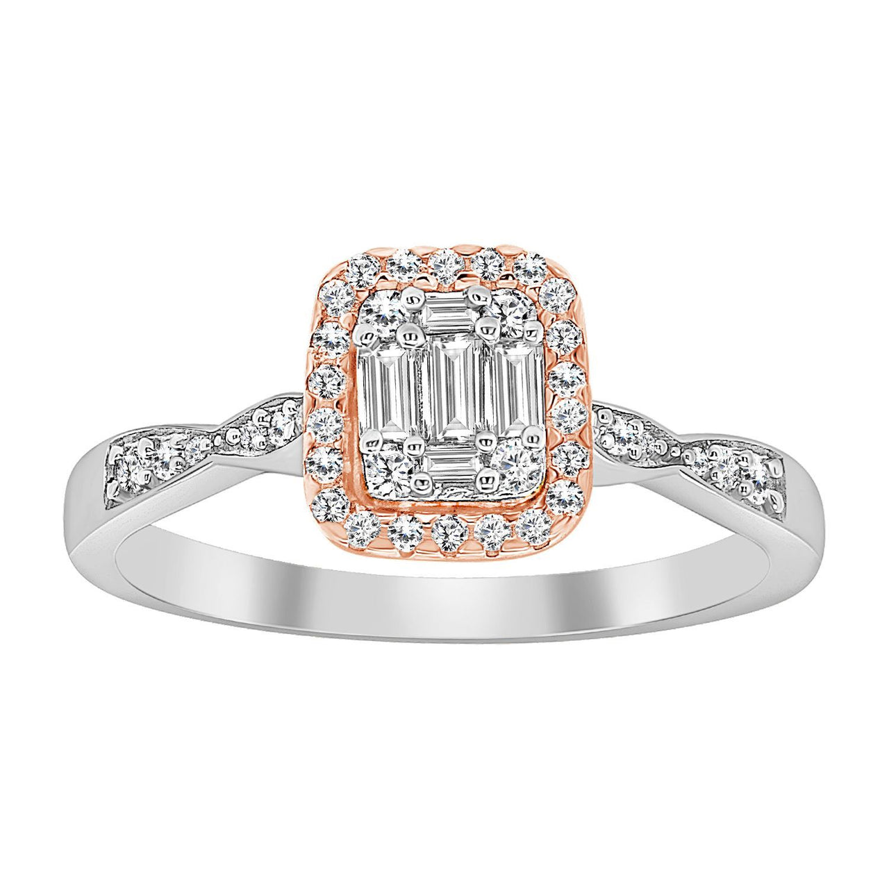 LADIES RING 1/3 CT ROUND/BAGUETTE DIAMOND 10K WHITE/ROSE GOLD