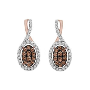 LADIES EARRINGS 3/4 CT CHOCOLATE/WHITE ROUND DIAMOND 10K ROSE GOLD